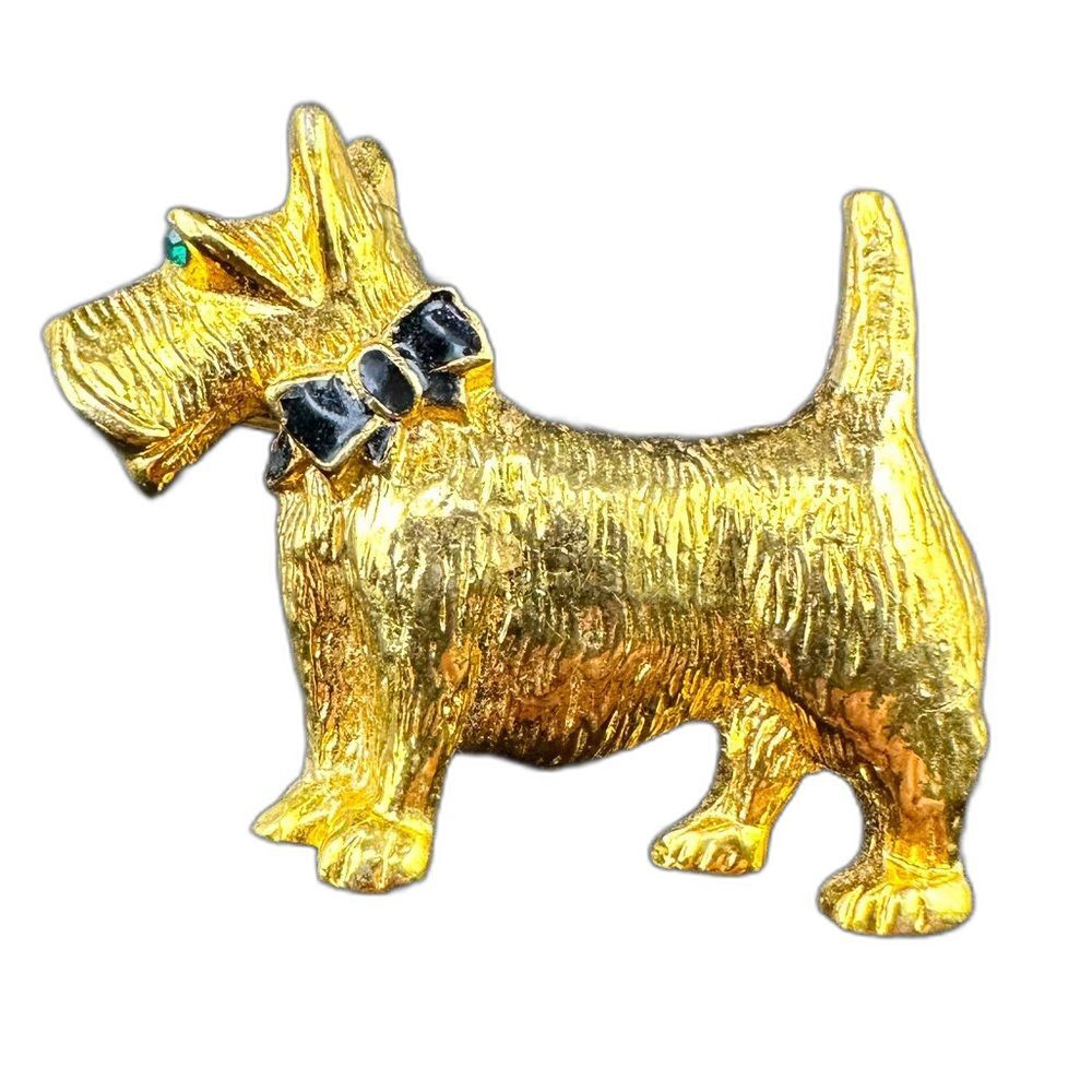 Vintage Scottie Dog Brooch / Pin - Gold Tone w Green Rhinestone eye & Black Bow